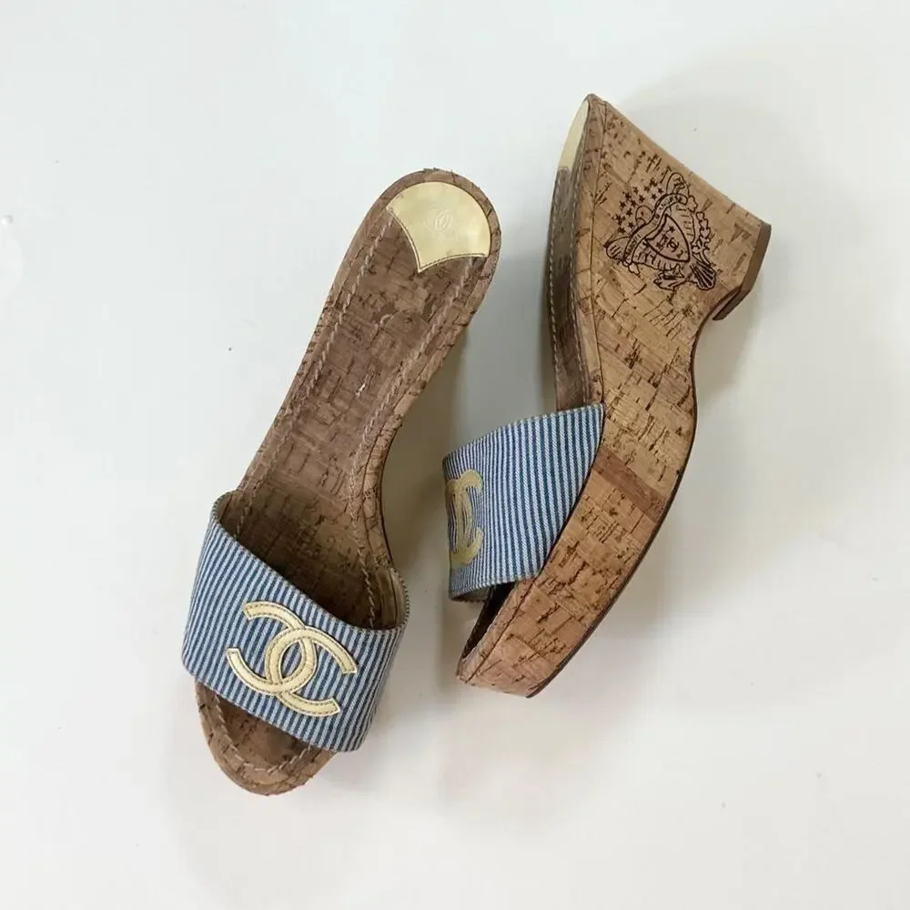Y2k chanel cruise blue striped cork wedges
